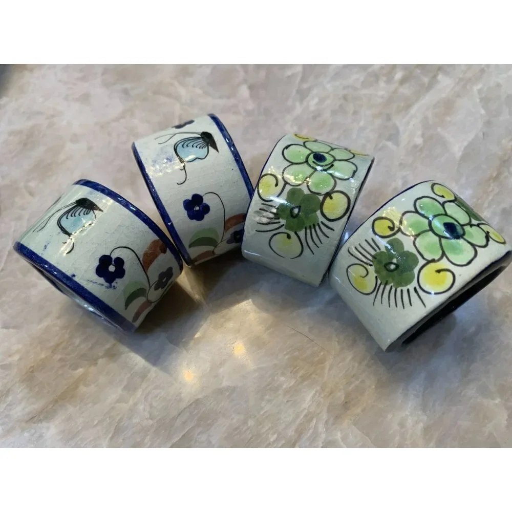 Set of 4 Made in Mexico Tonala Green Floral Hand Painted Napkin Rings